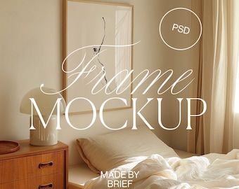 Frame Mockup in Bedroom | ISO A DIN Ratio | Thin Wood Frame | PSD Photoshop Photopea Mockup | Frame Mockup Danish Minimal Home Interior