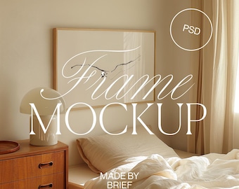 Horizontal Frame Mockup in Bedroom | ISO A DIN Ratio | Thin Wood Frame | PSD Photoshop Photopea Mockup | Frame Mockup Minimal Home Interior