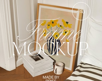 Frame on Floor Mockup | ISO A DIN Ratio | Thin Wood Frame | PSD Photoshop Photopea Mockup | Frame Mockup Bedroom | Indie Sleaze Y2K Mockup