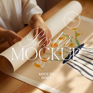 Poster Mockup With Person | Poster Roll Mockup | Unrolling Rolling Poster | Close Up Detail Mockup | PSD Photoshop Photopea Mockup | Minimal