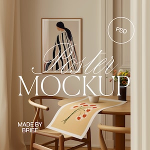 Rahmenmodell Esszimmer | Poster Mockup Flatlay | ISO A DIN-Verhältnis | Holzrahmen | PSD Photoshop Photopea Mockup | Minimale Inneneinrichtung