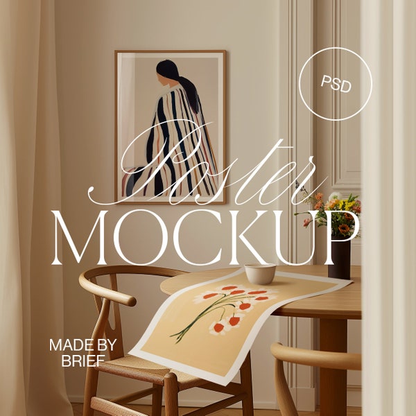 Frame Mockup Dining Room | Poster Mockup Flatlay | ISO A DIN Ratio | Wood Frame | PSD Photoshop Photopea Mockup | Minimal Home Interior