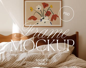 Horizontal Frame Mockup in Bedroom | Frame Above Bed Mockup | A4 Frame Mockup Wood Frame | PSD Photoshop Photopea Mockup Minimal Modern Home