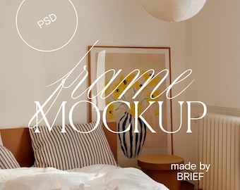 Large Frame Mockup Bedroom | Frame Leaning Against Wall | Vertical Frame PSD Photoshop Photopea Mockup | Eclectic Minimal Home Interior