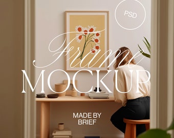 Frame Mockup With Person | ISO A DIN Ratio | Thin Wood Frame | PSD Photoshop Photopea Mockup | Frame Mockup Home Interior | Minimal Modern