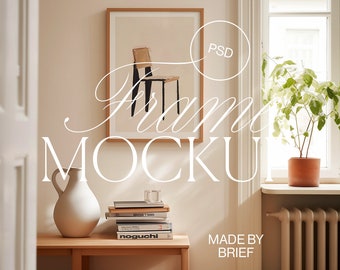 Rahmen Mockup Esszimmer | ISO A DIN Ratio | Dünner Holzrahmen | PSD Photoshop Photopea Mockup | Bilderrahmen Mockup Home Interior | Sonneneinstrahlung Minimal