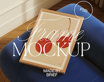 Frame on Couch Mockup | ISO DIN Ratio | Thin Wood Frame | PSD Photoshop Photopea Mockup | Frame In Living Room | Frame on Sofa Chair Mockup