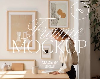 3 Frames Mockup With Person | ISO A Ratio | Thin Wood Frame | PSD Photoshop Photopea Mockup | Frame Mockup Home Interior | Minimal Modern