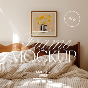Rahmenmodell im Schlafzimmer | Rahmen über dem Bett Mockup | Quadratischer Rahmen-Mockup | Dünner Holzrahmen | PSD Photoshop Photopea Mockup Minimal Modern Home