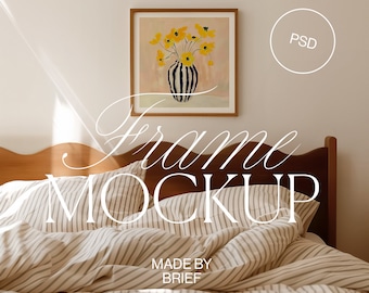 Frame Mockup in Bedroom | Frame Above Bed Mockup | Square Frame Mockup | Thin Wood Frame | PSD Photoshop Photopea Mockup Minimal Modern Home