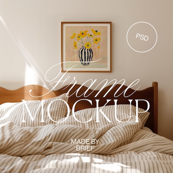 Frame Mockup in Bedroom | Frame Above Bed Mockup | Square Frame Mockup | Thin Wood Frame | PSD Photoshop Photopea Mockup Minimal Modern Home
