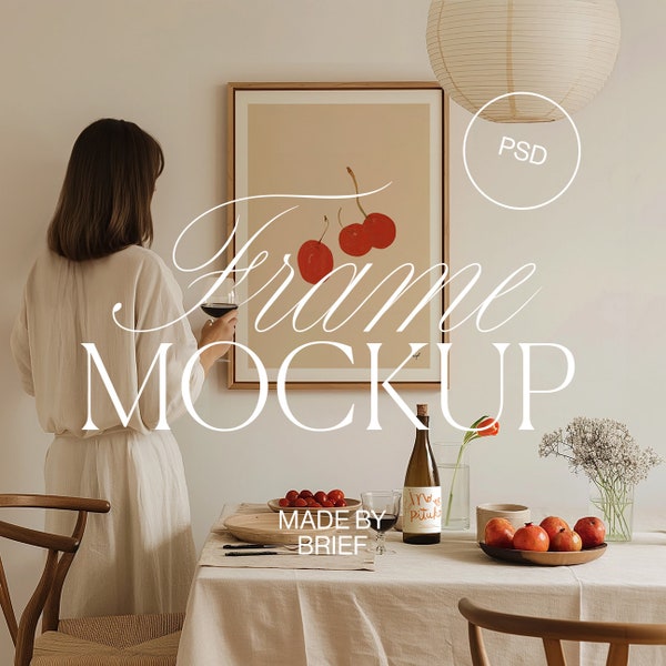 Frame Mockup With Person in Dining Room | ISO A DIN Ratio | Floater Frame Mockup | PSD Photoshop Photopea Mockup | Home Interior Spring