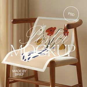 Poster auf Stuhl Mockup | Realistisches Flatlay Mockup | Bent Rolled Poster | ISO DIN A Ratio | PSD Photoshop Photopea Minimal Haus Innen