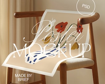 Poster on Chair Mockup | Realistic Flatlay Flat Mockup | Bent Rolled Poster | ISO DIN A Ratio | PSD Photoshop Photopea Minimal Home Interior