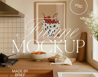 Bilderrahmen Mockup in der Küche | ISO A DIN Ratio | Dünner Holzrahmen | PSD Photoshop Photopea Mockup | Minimal Modern Home Interior Design Mockup
