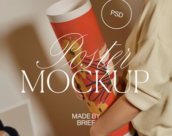 Poster Mockup With Person | Poster Roll Mockup | Holding Poster Tube Mockup | Close Up Detail Mockup | PSD Photoshop Photopea Minimal Mockup