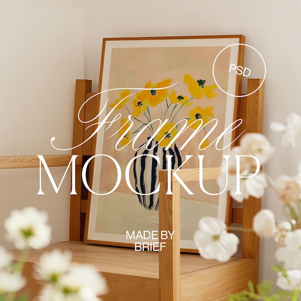 Frame On Chair Mockup | ISO DIN Ratio | Leaning Frame Mockup Chair | PSD Photoshop Photopea Mockup | Spring Mockup | Flowers Home Interior