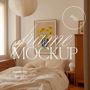 May include: A mockup of a framed print with a floral design in a bedroom setting. The print is in a light wood frame and features a vase of yellow flowers on a light background. The bedroom has a bed with a striped comforter, a wooden dresser, and a lamp on a side table. The text "frame MOCKUP" is superimposed on the image.