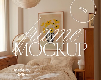 Frame Mockup Bedroom | Vertical DIN A Ratio | Thin Wood Frame | PSD Photoshop Photopea Mockup | Frame Mockup Minimal Home Interior Eclectic