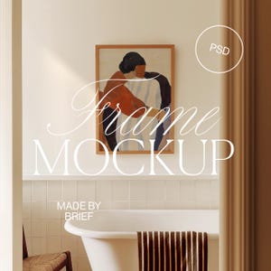 Frame Mockup Bathroom | Vertical DIN Ratio Thin Wood Frame | PSD Photoshop Photopea Mockup | Frame In Bathroom Minimal Home Interior Mockup