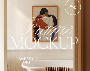 Frame Mockup Bathroom | Vertical DIN Ratio Thin Wood Frame | PSD Photoshop Photopea Mockup | Frame In Bathroom Minimal Home Interior Mockup