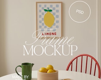 Colorful Vertical Frame Mockup Dining Room | DIN Ratio | Small Wood Frame | Photoshop Photopea Mockup | Poster Mockup Retro Interior Design