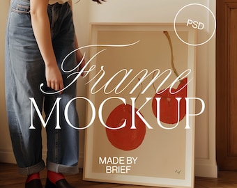 Frame Mockup With Person | Frame on Floor Mockup | Pop Of Red | PSD Photoshop Photopea Mockup | Frame Leaning Against Wall Home Interior