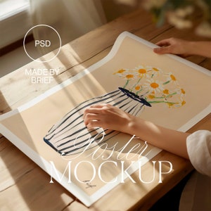 Poster Mockup With Person | Flatlay Flat Mockup | Close Up Detail Mockup | ISO A DIN Ratio | PSD Photoshop Photopea Mockup | Minimal Modern