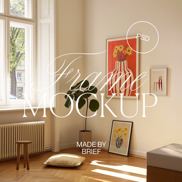 3 Frame Mockup Living Room | ISO DIN Ratio Thin Wood Frames | PSD Photoshop | Gallery Wall Mockup | Midcentury Modern Minimal Home Interior
