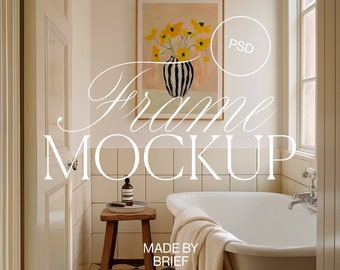Frame Mockup Bathroom | ISO A DIN Ratio | Thin Wood Frame | PSD Photoshop Photopea Mockup | Frame In Bathroom Minimal Home Interior Mockup