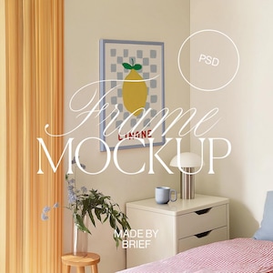 Rahmenfarbe Mockup | Vertikaler Poster Kunstrahmen Mockup Schlafzimmer | Photoshop Photopea | Minimal Retro Bunte Pastell Ästhetik Home Interior