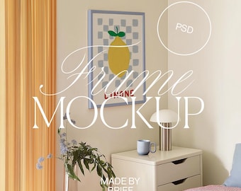Frame Color Mockup | Vertical Poster Art Frame Mockup Bedroom | Photoshop Photopea | Minimal Retro Colorful Pastel Aesthetic Home Interior
