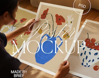 Person Holding Poster Mockup | 3 Posters Flatlay Flat Mockup | Close Up Detail Mockup | DIN Ratio | PSD Photoshop Photopea Mockup With Hands