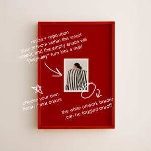 May include: A framed artwork with a red border. The artwork features a woman in a black and white striped top. Text on the image says "resize + reposition", "choose your own frame / mat colors", and "the white artwork border can be toggled on/off".