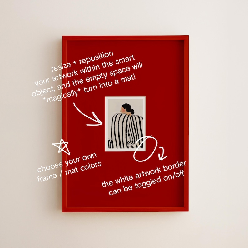 May include: A framed artwork with a red border. The artwork features a woman in a black and white striped top. Text on the image says "resize + reposition", "choose your own frame / mat colors", and "the white artwork border can be toggled on/off".