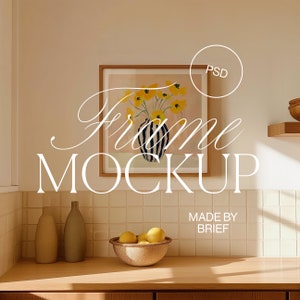 Bilderrahmen Mockup in der Küche | Quadratischer Rahmen | Dünner Holzrahmen | PSD Photoshop Photopea Mockup | Minimal Modern Home Interior Design Mockup