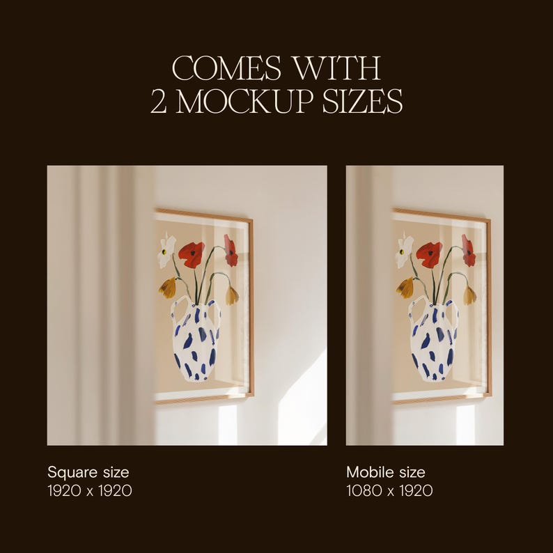 May include: Two framed art prints with a floral still life in a blue and white vase. The artwork features red, white, and yellow flowers. The image includes the text "COMES WITH 2 MOCKUP SIZES", "Square size 1920 x 1920", and "Mobile size 1080 x 1920".