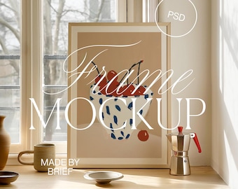 Frame in Window Mockup | Vertical DIN Ratio | Leaning Frame By Window PSD Photoshop Photopea Mockup | Minimal Modern Eclectic Home Interior