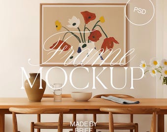 Horizontaler Rahmen Mockup Esszimmer | Großer dünner Holzrahmen | A1 A2 PSD Photoshop Photopea Mockup | Rahmen Mockup Minimal Home Interior