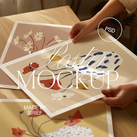 Poster Mockup With Person | 3 Posters Flatlay Flat Mockup | Close Up Detail Mockup | DIN Ratio | PSD Photoshop Photopea Mockup With Hands