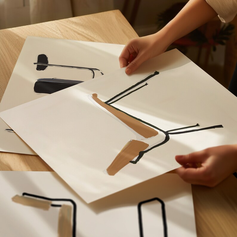May include: Three white sheets of paper with black and brown abstract line drawings. The drawings are of chairs or other furniture.