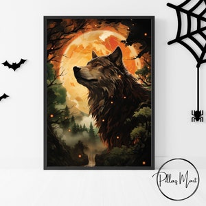 Lobo e a Lua | arte artística da parede do lobo | Arte de parede para impressão