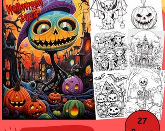 Puede incluir: Un conjunto de 27 páginas para colorear de Halloween con una variedad de ilustraciones espeluznantes y caprichosas. La página de portada presenta un monstruo de dibujos animados con un sombrero morado y una escena de pueblo espeluznante con calabazas.
