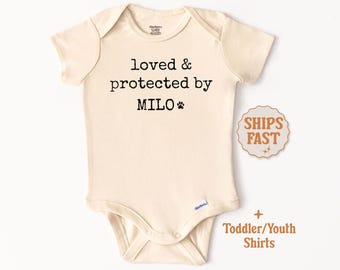 Custom Dog Baby Onesie® Protected By Dog Onesie® Baby Bodysuit Dog Custom Pet Baby Onesie® Dog Baby Clothes New Baby Outfit With Dogs Name