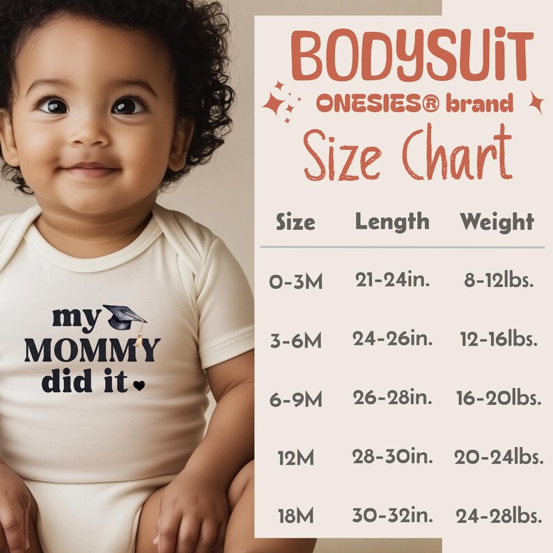 May include: A white bodysuit with the text "my MOMMY did it." and a graduation cap graphic. A size chart for baby bodysuits is shown with sizes, lengths in inches, and weights in pounds.