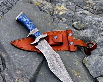 Handmade Damascus Survival Hunting Knife With Sheath 15 inch Fixed Blade Mens Gift For Him with Leather Sheath Fishing Camping