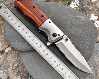 Brown Folding Pocket Knife Outdoor Survival Fishing Hunting Camping Gift For Him Wooden Knives