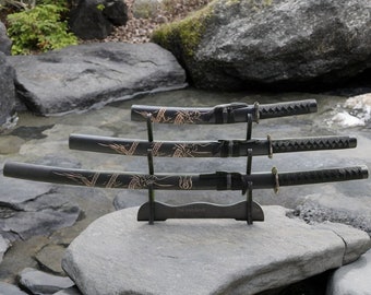 3PC Black Engraved Dragon Japanese Samurai Katana Sword Set with Stand, Mens Gift For Him Japanese Home Decor Ornate Decoration