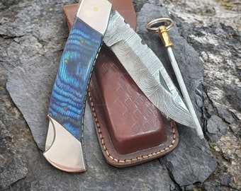 Handmade Blue Wood Damascus Pattern Steel Pocket Knife Folding Hunting Camping, Gift For Him Fishing Knives with Leather Sheath & Sharpener