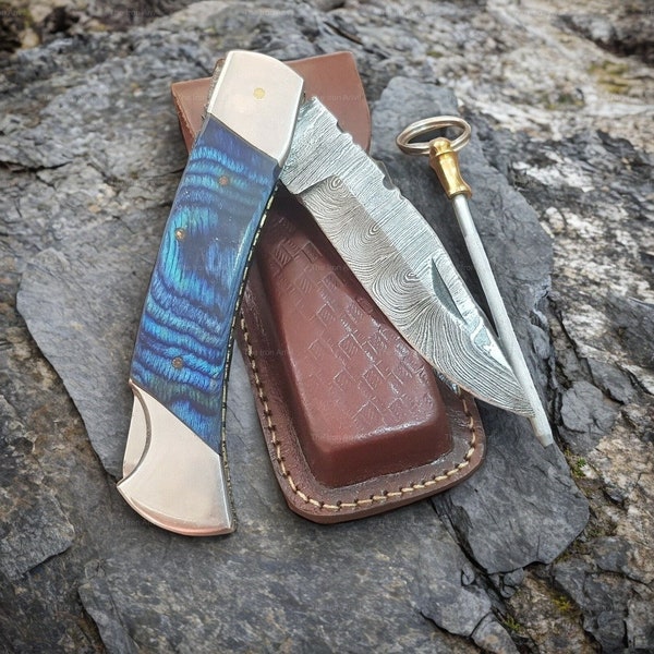 Handmade Blue Wood Damascus Pattern Steel Pocket Knife Folding Hunting Camping, Gift For Him Fishing Knives with Leather Sheath & Sharpener